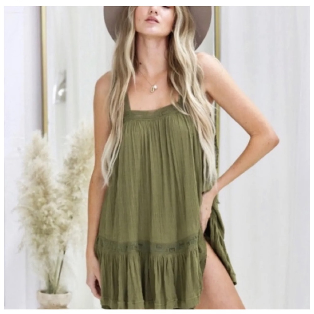 Free People Sweet Thing Tunic Mini Dress Lace-Up Side Ties Moss Medium green
